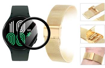 Opaska pasek bransoleta Milanese band z zapięciem Samsung Galaxy Watch 4 40mm złota + szkło 5D