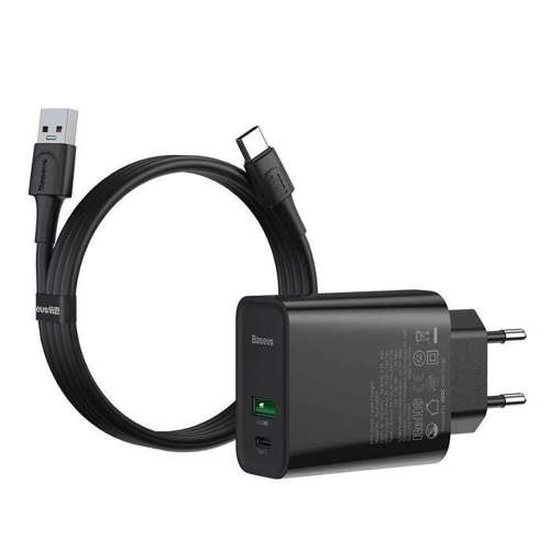Baseus szybka ładowarka sieciowa USB / USB Typ C VOOC Quick Charge 4.0+ Power Delivery 3.0 + kabel USB - USB Typ C 1m czarny (TZCCFS-H01)